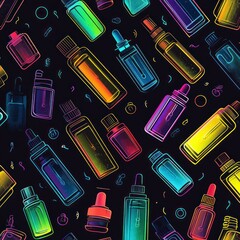 Colorful neon outlined dropper bottles and caps scattered on dark background creating vibrant pattern and dynamic abstract aesthetic