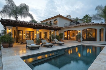 Luxurious Mediterranean-style villa with warm glowing lights, spacious patio, several cushioned lounge chairs, and a tranquil swimming pool at dusk