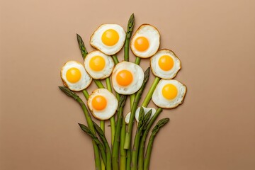 Creative arrangement of fried eggs and asparagus mimicking a bouquet on a neutral background