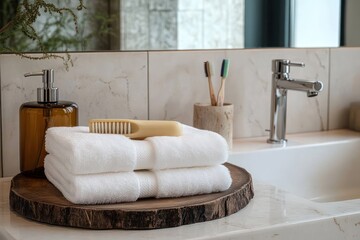 Stack of two white towels on a rustic wooden tray next to a brown soap dispenser, beige hair comb, and two toothbrushes in a holder on a bathroom counter with a silver faucet