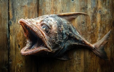 Close-up of a dried, preserved fish with an open mouth and visible eye resting on a wooden surface