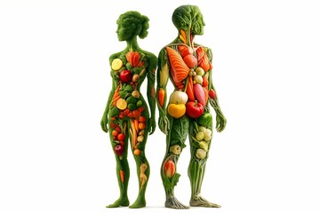 Human figures formed by various vegetables and fruits exhibit the concept of healthy living and nutrition in a creative display