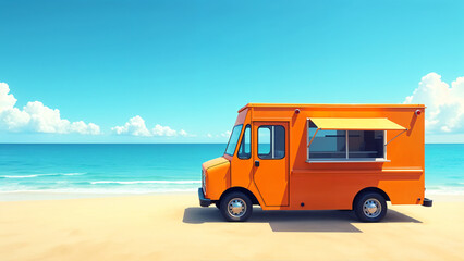 An orange food truck on the beach, blue sky and white clouds in the background, bright tone, relax comfortable atmosphere, peaceful landscape illustration