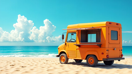 An orange food truck on the beach, blue sky and white clouds in the background, bright tone, relax comfortable atmosphere, peaceful landscape illustration