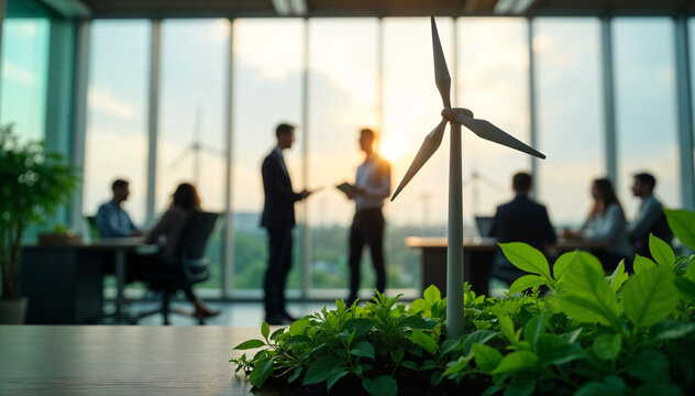 Business people discuss wind turbine power generation in office. Investors, tech specialists in meeting about eco-friendly energy. Group looks at wind farm view.