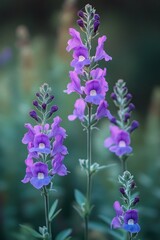 Obraz premium Close-up of delicate purple flowers with buds and green stems in soft natural light, peaceful and vibrant garden scene