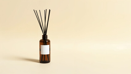 A glass bottle with rattan sticks emitting a soothing aroma, enhancing home ambiance against a light background