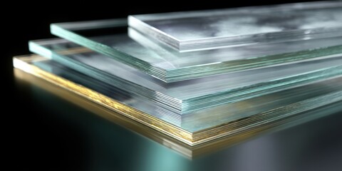 A stack of rectangular clear glass sheets arranged on top of each other against a dark background