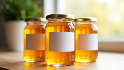 A high-quality honey jars mockup featuring a blank white label, perfect for branding, packaging design, marketing, and showcasing organic, natural honey products.