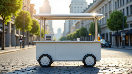Food Cart Mockup design. close up view Blank white food cart mockup in a Road with blurred beautiful city
