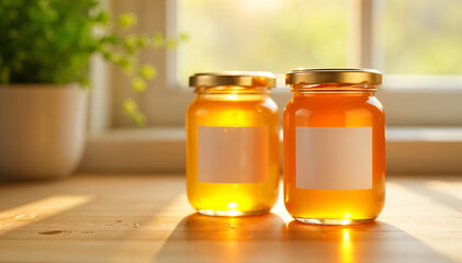 A high-quality honey jars mockup featuring a blank white label, perfect for branding, packaging design, marketing, and showcasing organic, natural honey products.