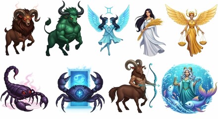 Illustrative collection of zodiac signs featuring mythical creatures and symbols representing astrological attributes
