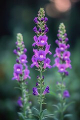 Obraz premium Close-up of vibrant purple flowers blooming on tall green stems with blurred natural background creating a serene and peaceful mood