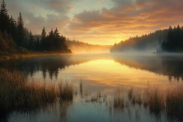 Fototapeta premium Peaceful lake at sunrise with golden light reflecting on calm water surrounded by pine trees and misty fog creating a serene and tranquil atmosphere