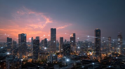 Naklejka premium Dynamic visual of a modern city skyline at dusk illuminated with digital interfaces and data flows illustrating the impact of technology on urban business ecosystems and the drive for