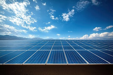 Expansive field of solar panels under a bright blue sky with scattered clouds and distant mountains, representing clean renewable energy and environmental sustainability