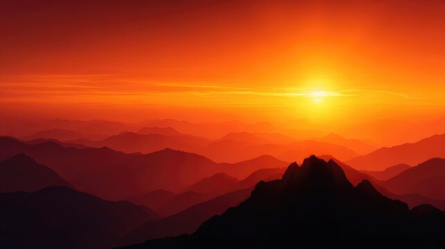 Sunrise over a mountain range, vibrant colors paint the sky. - Powered by Adobe