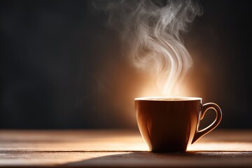 Steam rises from a warm cup of coffee on a wooden surface.