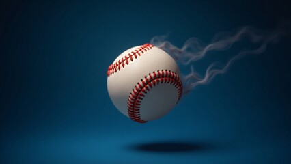 A baseball with red stitching moving quickly with smoke on a blue background