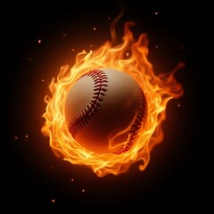 A baseball engulfed in flames against a dark background with sparks flying