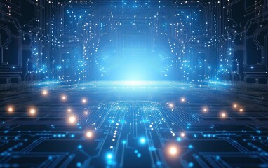 Futuristic glowing blue circuit board landscape with floating light particles and bright light source in the center