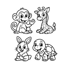 Children coloring book - fun cute monkey giraffe rabbit and turtle animal compilation cartoon character isolated drawing line style sketch classic vintage design illustration