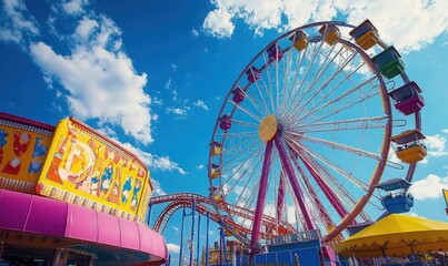 Colorful amusement park scene with a large Ferris wheel, roller coaster, and carnival stall under a bright blue sky with scattered clouds