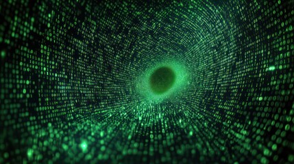 Glowing green digital tunnel formed by streaming binary code creating a vortex effect symbolizing data flow and technology