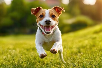 happy small dog running energetically across green grassy field under bright sunlight