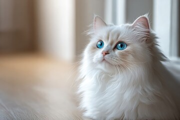 close-up of a fluffy white cat with striking blue eyes sitting indoors by a white wall looking attentively into the distance