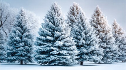 Frosty winter trees stand in a snowy landscape.