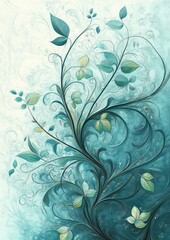 Delicate swirling floral design with green and blue leaves and intricate vine patterns on a textured gradient background