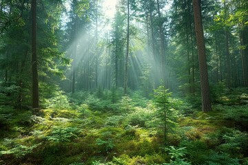 Sun rays shining through tall trees onto lush green forest floor filled with small coniferous saplings and moss in a serene woodland
