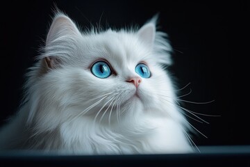 close-up of a fluffy white cat with bright blue eyes gazing thoughtfully into the distance against a dark background