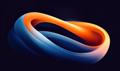 Abstract smooth loop shape with intertwined glossy orange and blue colors on a dark background conveying motion and depth