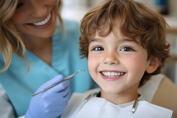 Child sitting in dental chair wearing dental bib while dentist in blue scrubs and gloves holds dental tool preparing to examine patient
