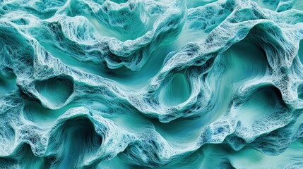 Close-up view of textured, abstract, flowing, and wavy blue-green surface with intricate porous and fibrous patterns resembling natural formations or microscopic structures