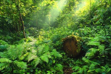 Lush green forest floor covered with ferns and dense foliage illuminated by soft beams of sunlight filtering through tall trees