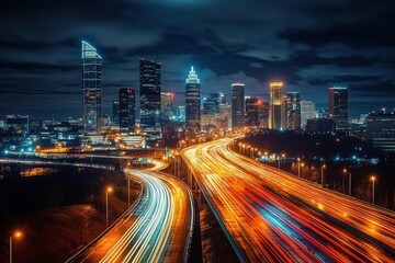 Vibrant cityscape at night showing illuminated skyscrapers and brightly lit highways with dynamic light trails creating a sense of motion and urban energy
