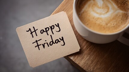 Minimalist top-view photo of a “Happy Friday” note beside a cup of latte on a clean table. Calm, clean, and cozy atmosphere with soft natural lighting.