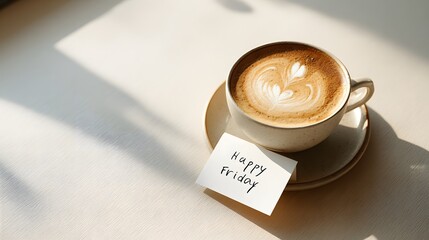 Minimalist top-view photo of a “Happy Friday” note beside a cup of latte on a clean table. Calm, clean, and cozy atmosphere with soft natural lighting.