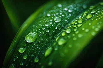 Close-up of water droplets on a vibrant green leaf.