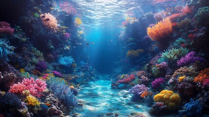 Underwater coral reef pathway, vibrant colors, sunlight, fish