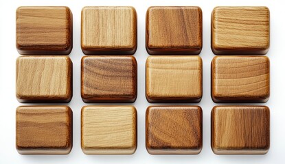 Fototapeta premium Twelve polished wooden squares with varying natural wood grain patterns neatly arranged in a grid on a white background, evoking a sense of order and simplicity