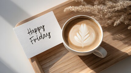 Minimalist top-view photo of a “Happy Friday” note beside a cup of latte on a clean table. Calm, clean, and cozy atmosphere with soft natural lighting.