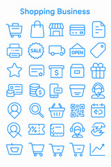 Collection of blue outline icons representing various aspects of shopping and business.