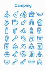 A set of camping icons, including a tent, knife, hiker, cabin, hammock, utensils, mug, flashlight, and other outdoor equipment.
