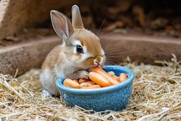 Cute small brown and white baby rabbit nibbling on fresh orange baby carrots from a blue ceramic bowl on dry straw bedding in a cozy enclosure