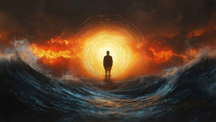 Silhouette of a person standing in turbulent ocean waters facing a glowing circular light source with fiery orange clouds surrounding the scene, evoking mystery and introspection