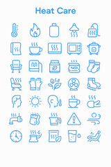 Collection of simple, outlined, light-blue icons representing various heat care methods and products.